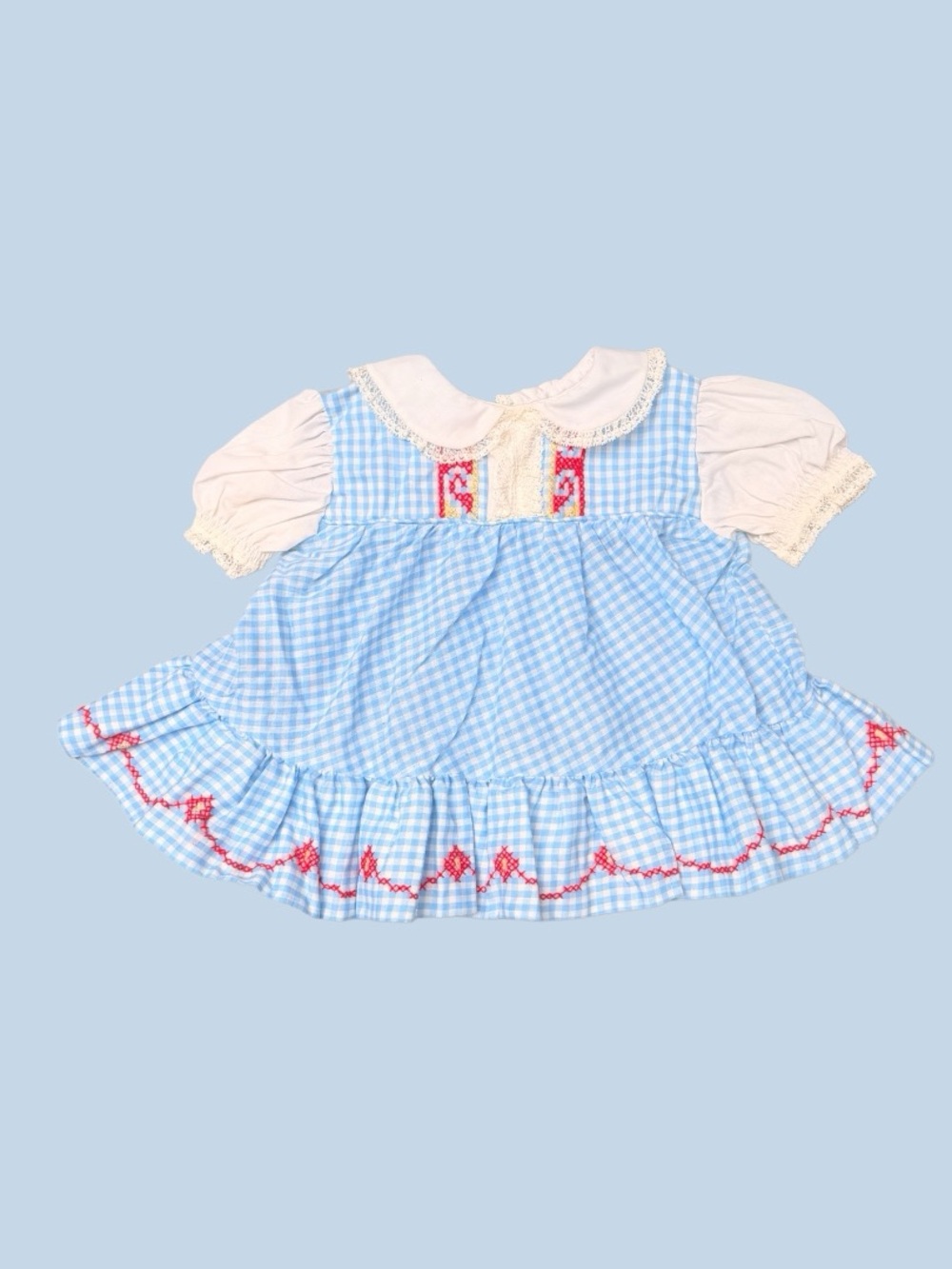 Vtg 70s 80s Baby Girl Blue Gingham Dress Cross Stitch Lace Untagged
